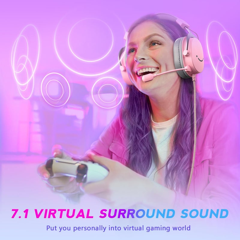 FIFINE USB Gaming Headset, PC Over-Ear Wired Streaming Headset with 3.5mm Jack, Detachable Microphone, 7.1 Surround Sound, Control Box, Passive Noise Cancellation, for PS5/Xbox/Switch-H9 Pink - Image 3